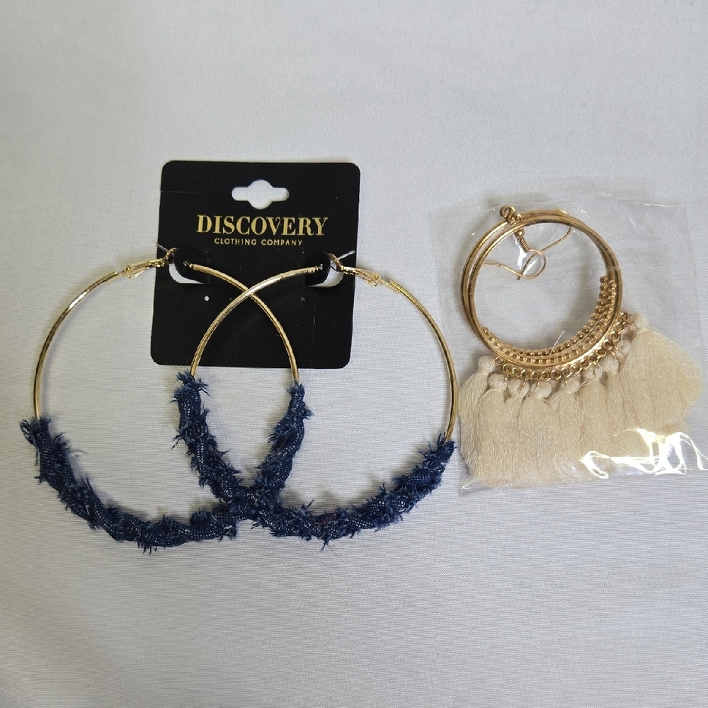 Hoop Earrings Bundle, Denim and Tassels, 2 Pairs, New